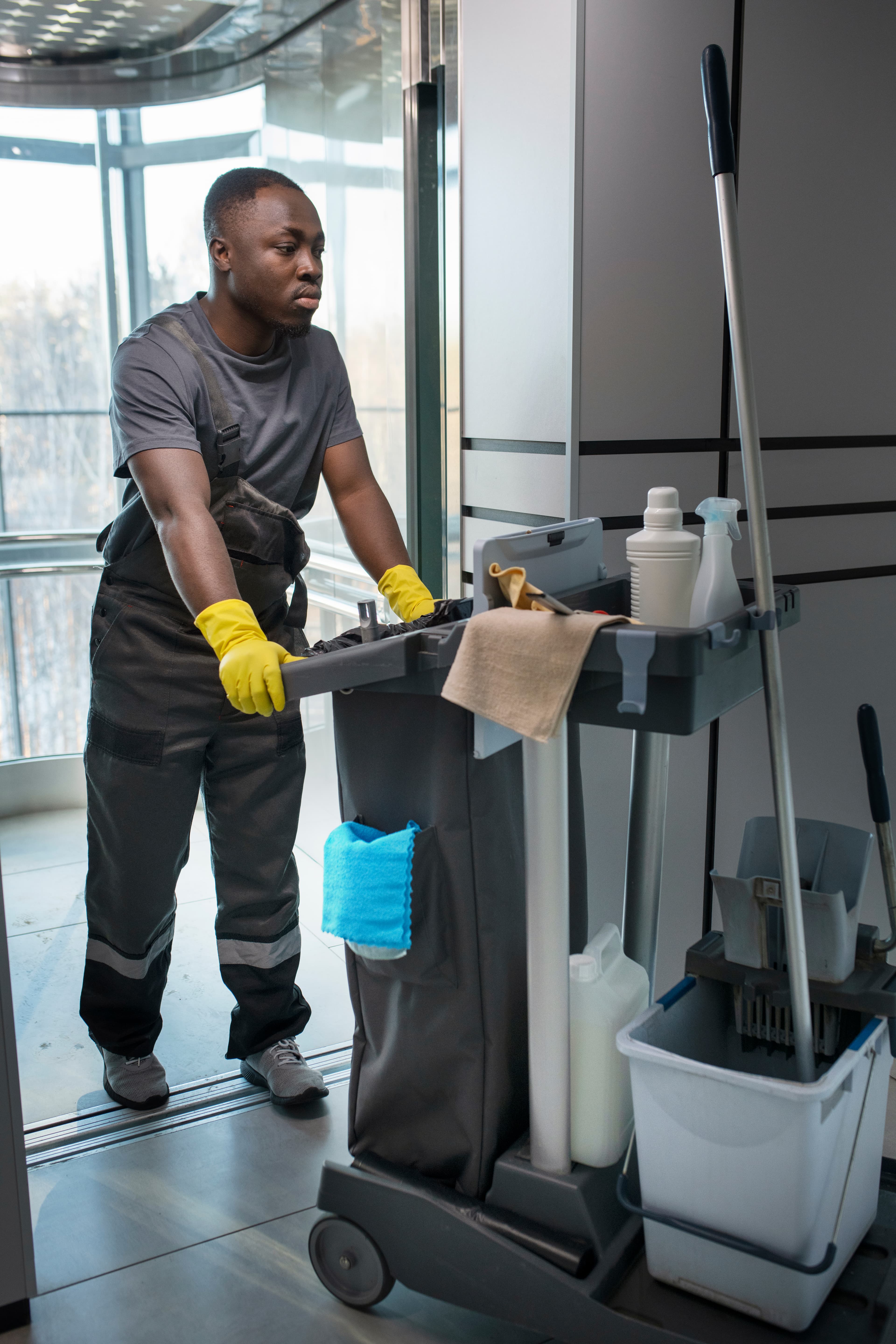Professional cleaner with cleaning cart